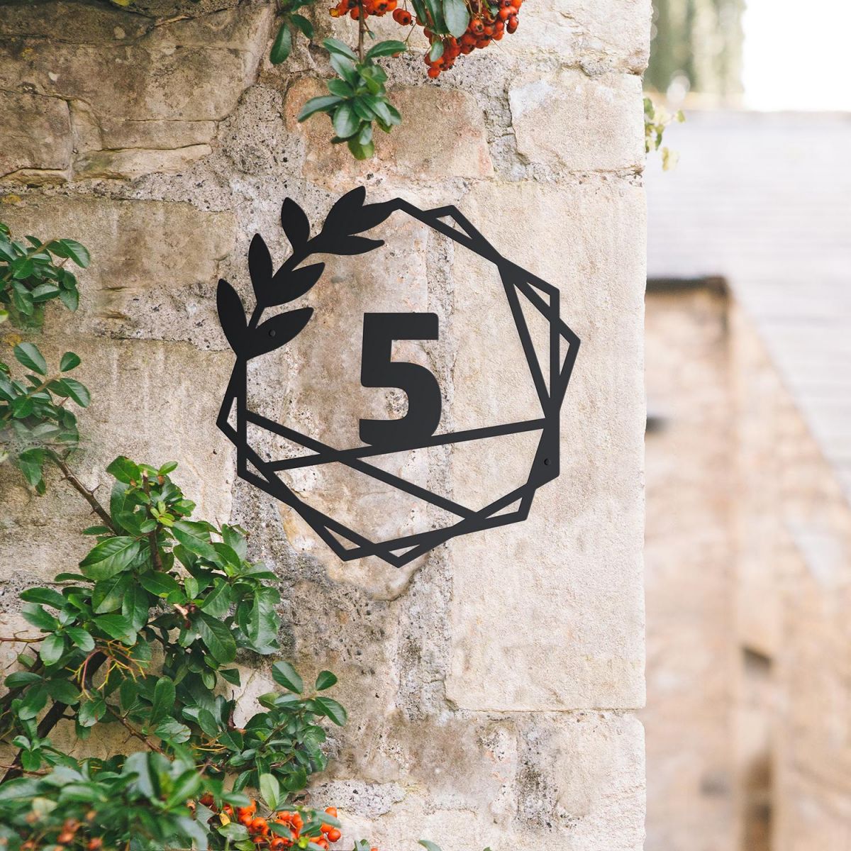 Geometric Leaf House Number Sign in Situ