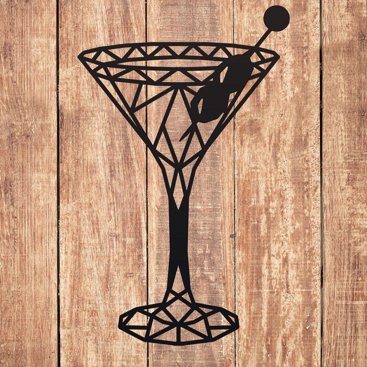 Geometric Steel Martini Glass Wall Art on a Wooden Wall