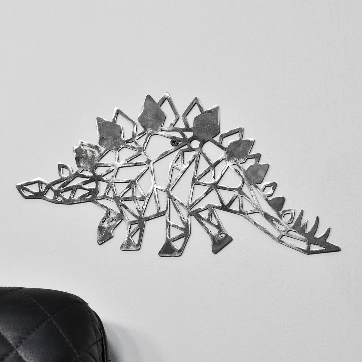 Geometric Natural Steel Stegosaurus Wall Art in situ