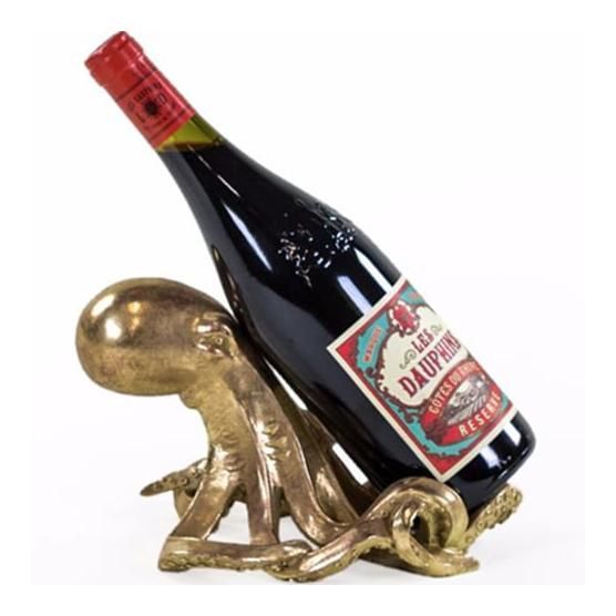 Gold Octopus Table Wine Bottle Holder Holding a Wine Bottle
