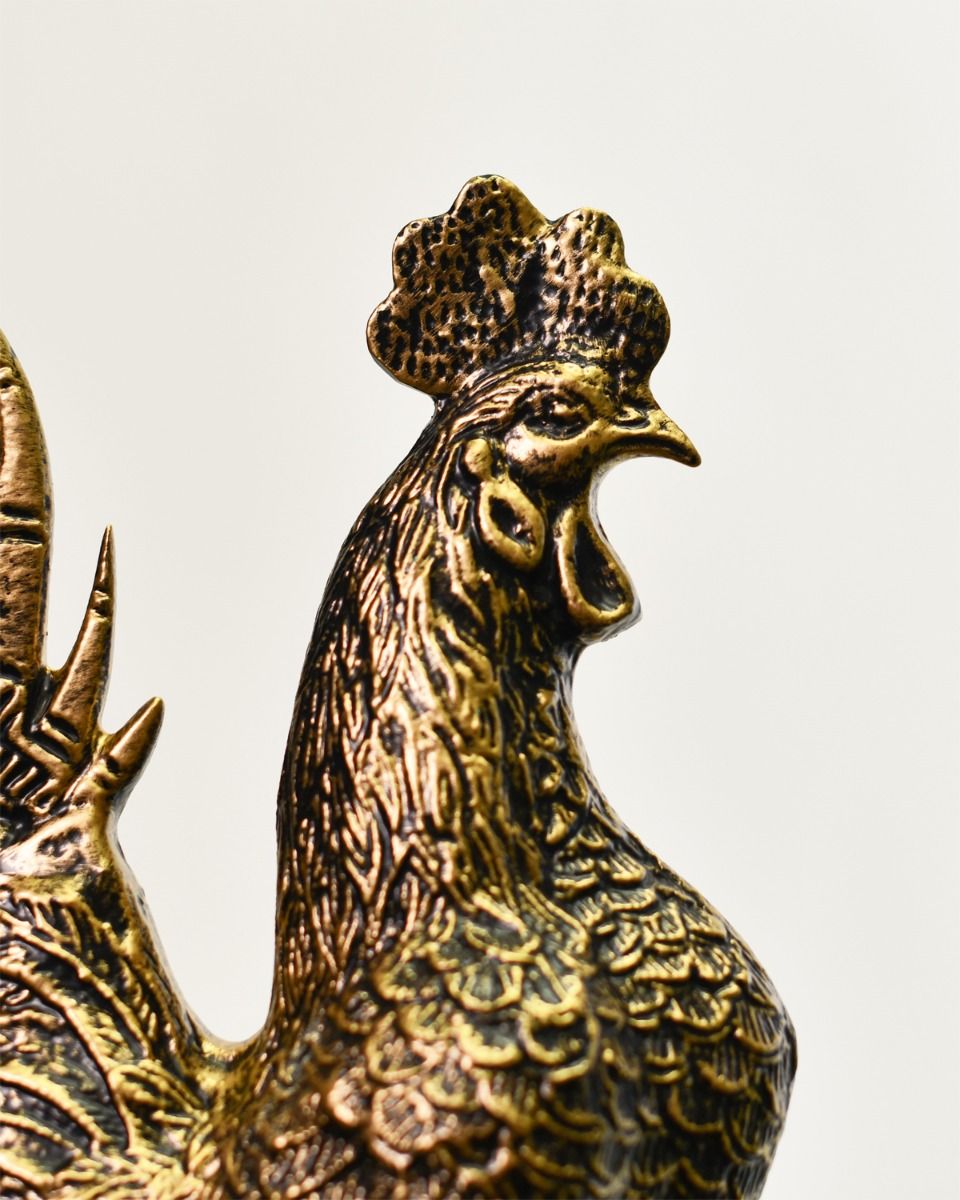 Close up of Brushed Gold Rooster Garden Sculpture