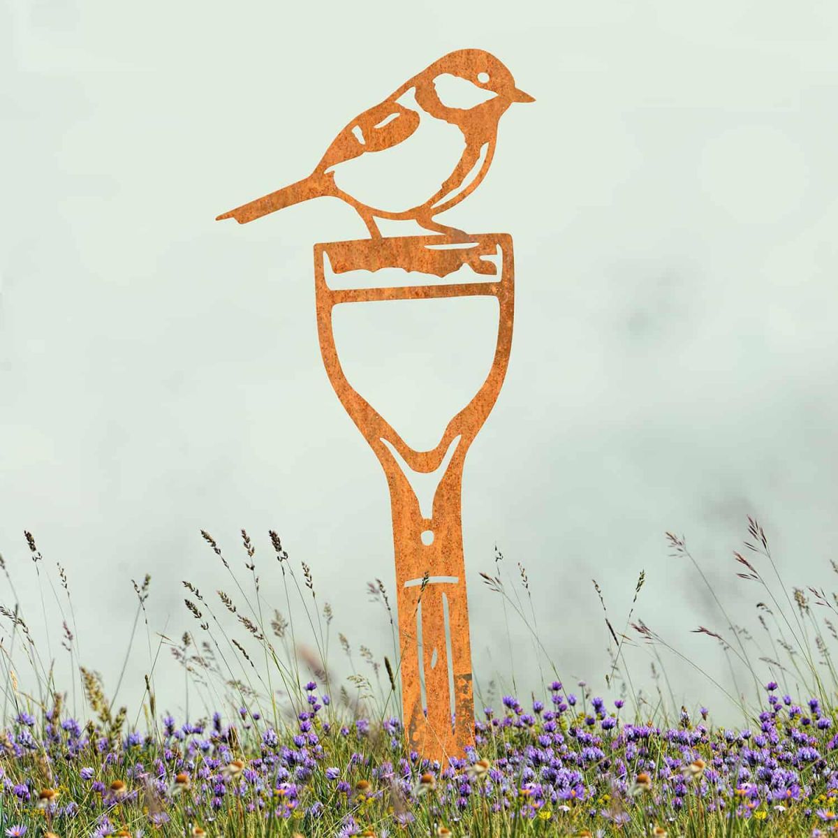 Great Tit Bird Sheet Steel Silhouette in Rustic Finish in Situ