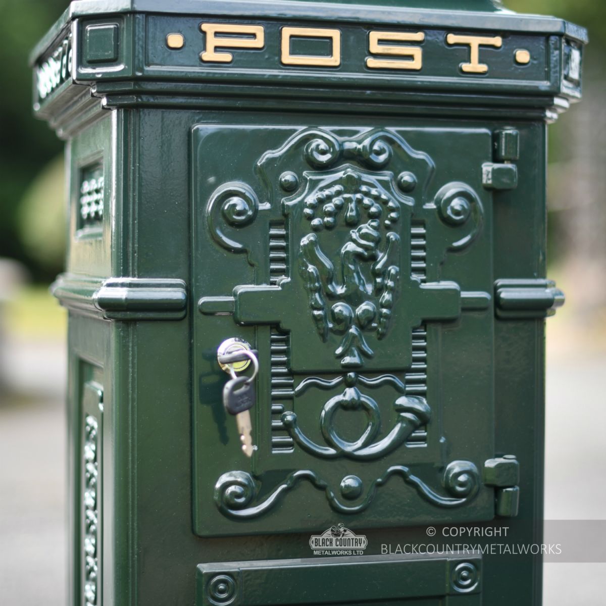 Green Camden Free Standing Post Box Decorative Detailing