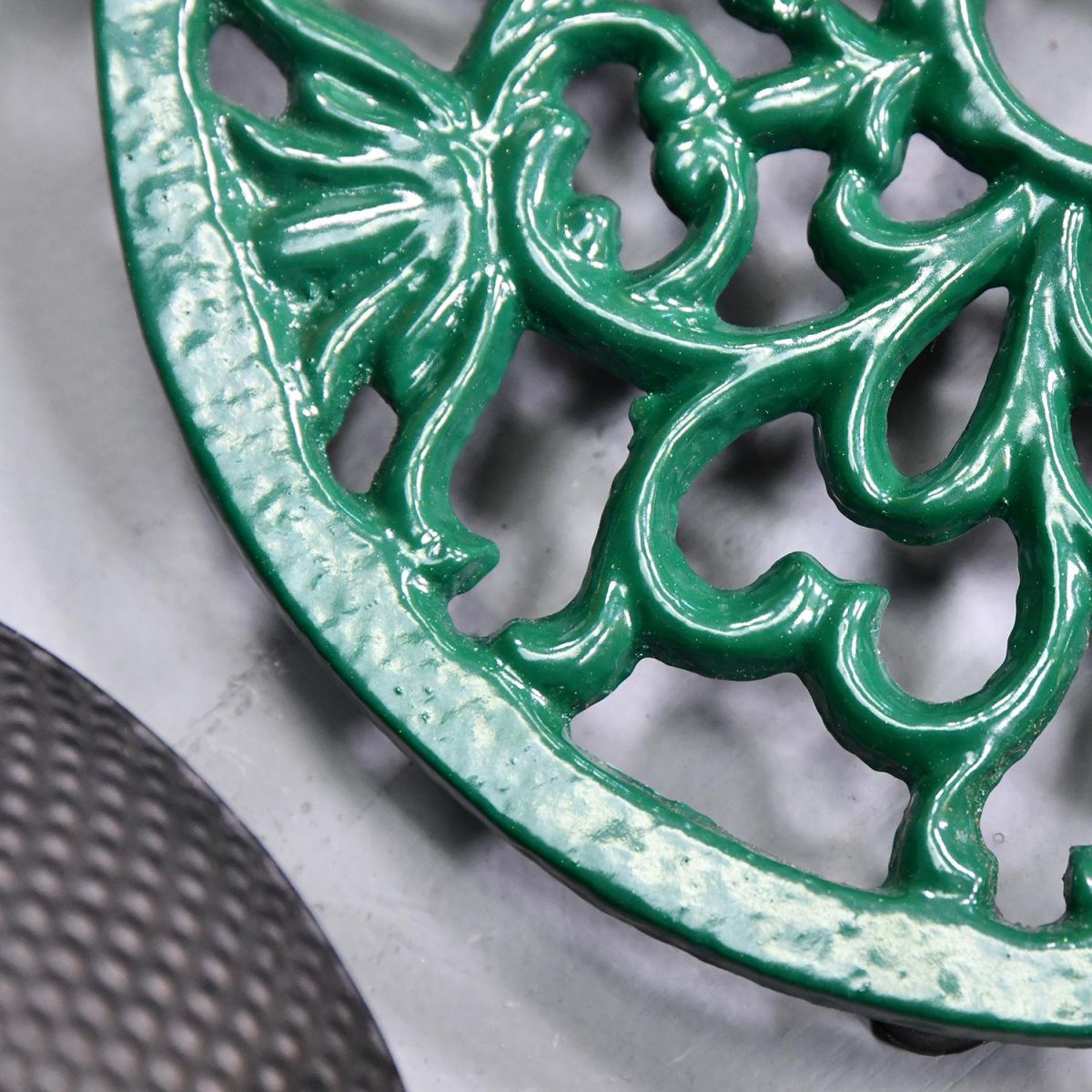 Ornate Design on the Green Heavy Duty Cast Iron Round Trivet