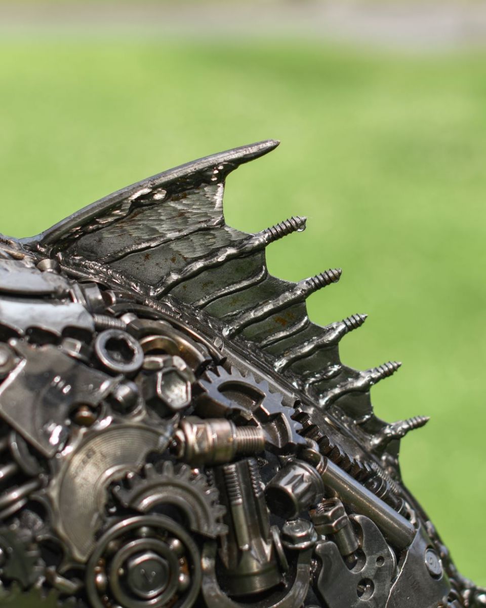 Close up of Recycled Metal Grouper Sculpture dorsal fin
