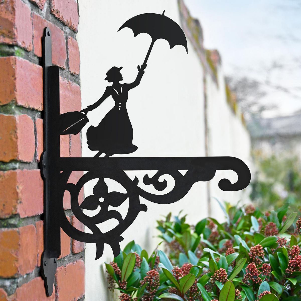 Ornate Mary Poppins Hanging Basket Bracket in Situ in the Garden