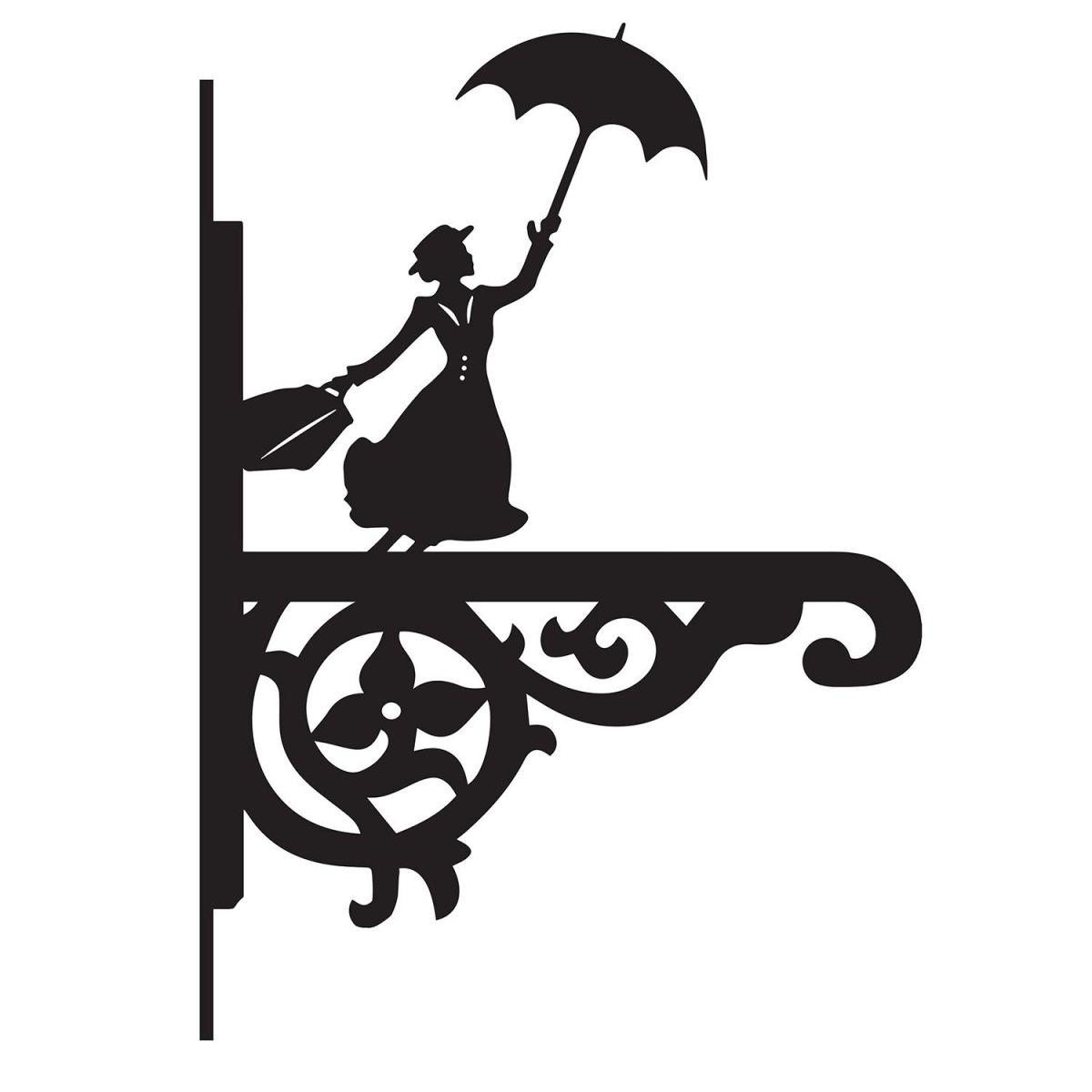Ornate Mary Poppins Hanging Basket Bracket in a Black Finish