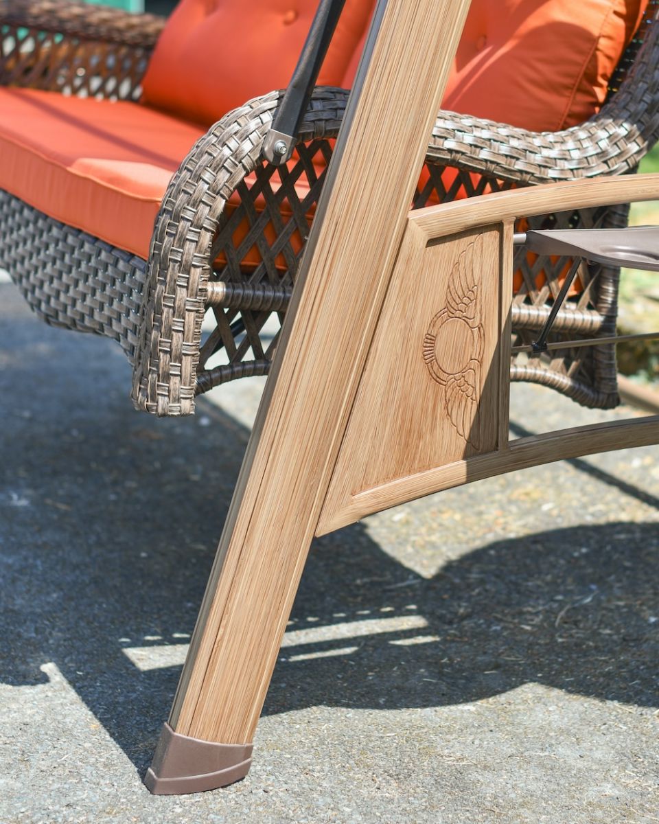 Close up of intricate leg detail on garden swing seat