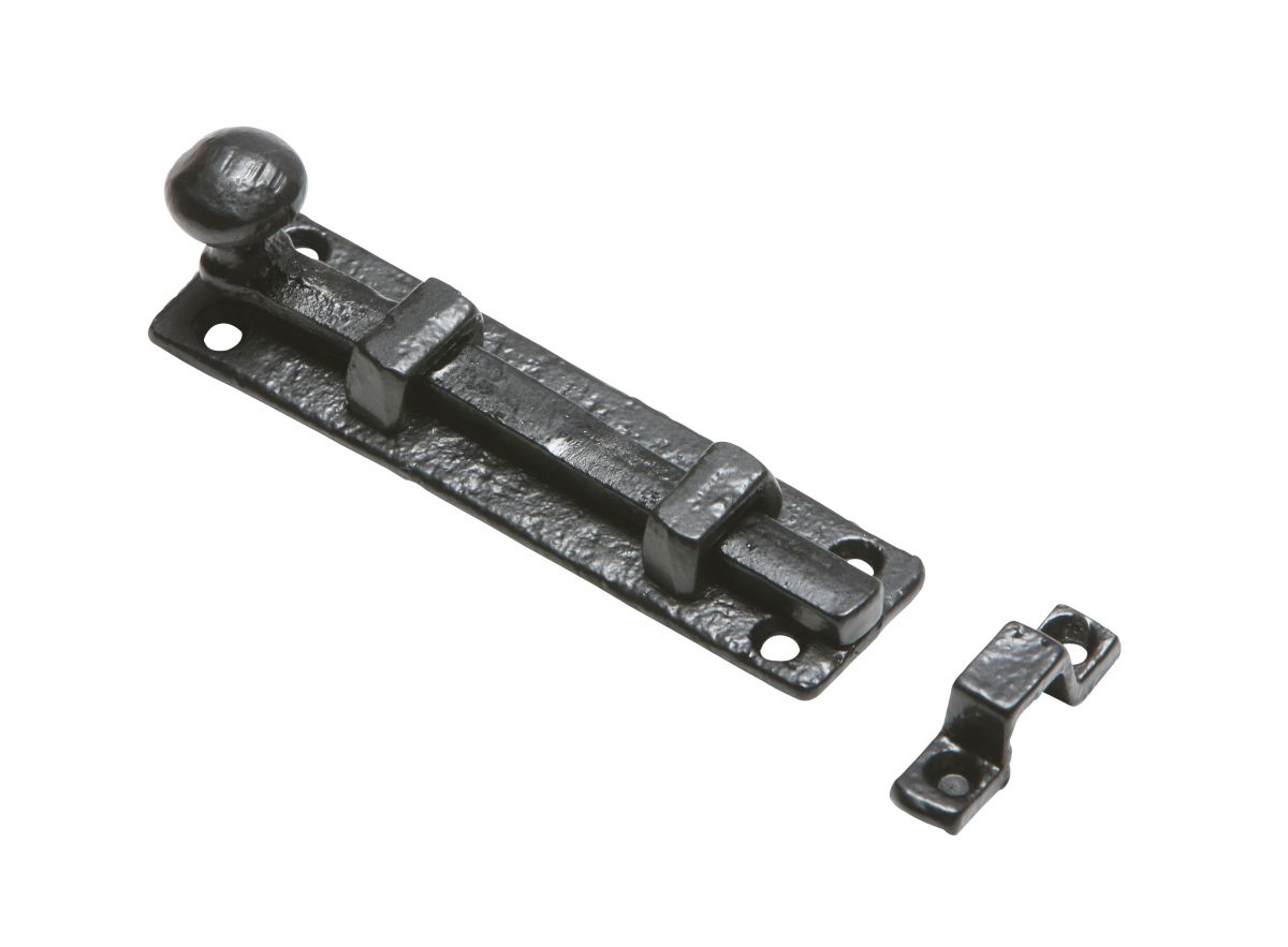 Heavy Duty Traditional Black Iron Straight Door Bolt - With Keeper Plate