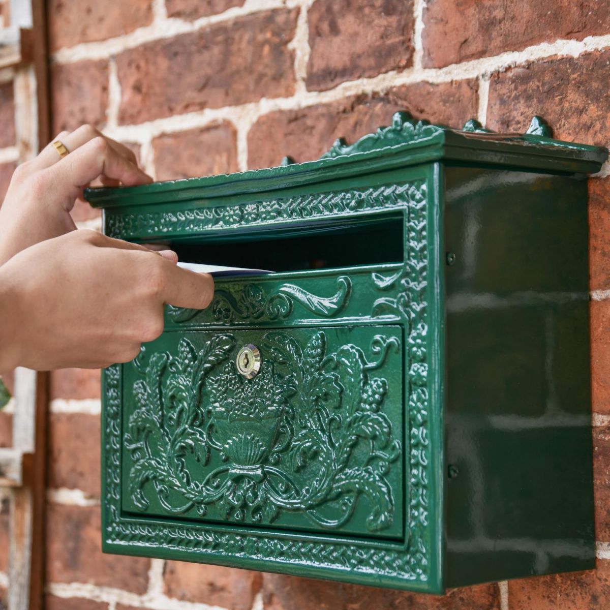 Close-Up of Letter Plate in Use on "Horncastle Abbey" Green Wall Mounted Post Box