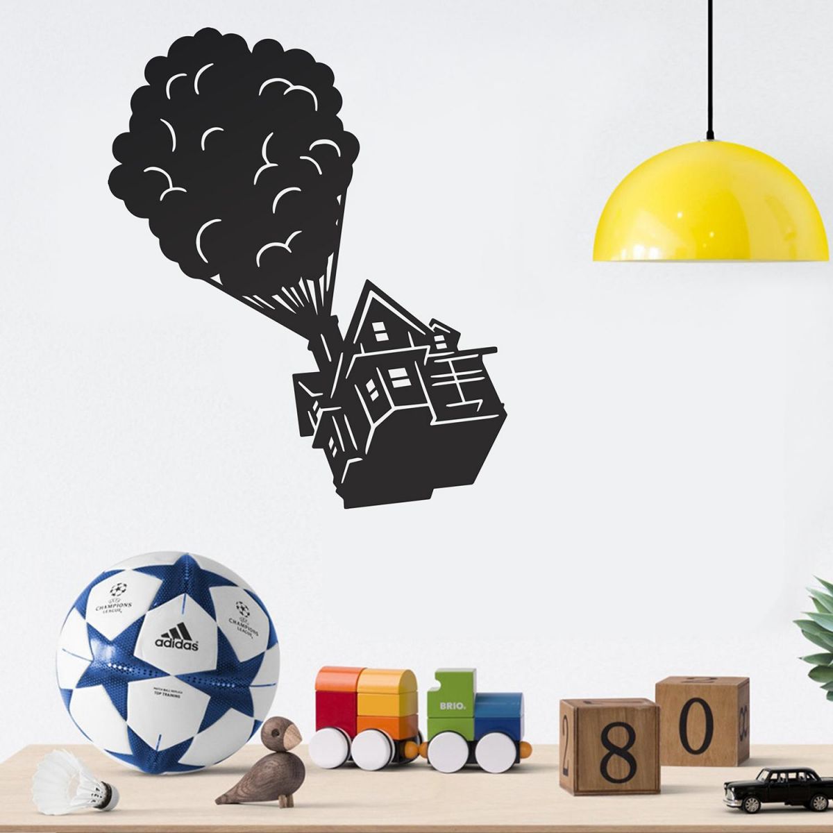 Floating House on Balloons Steel Wall Art in Situ in the children"s Playroom