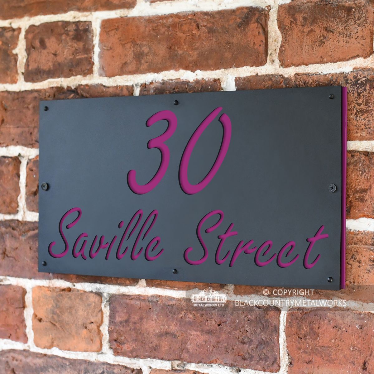 Purple "Saville" House Sign in Situ on the Wall