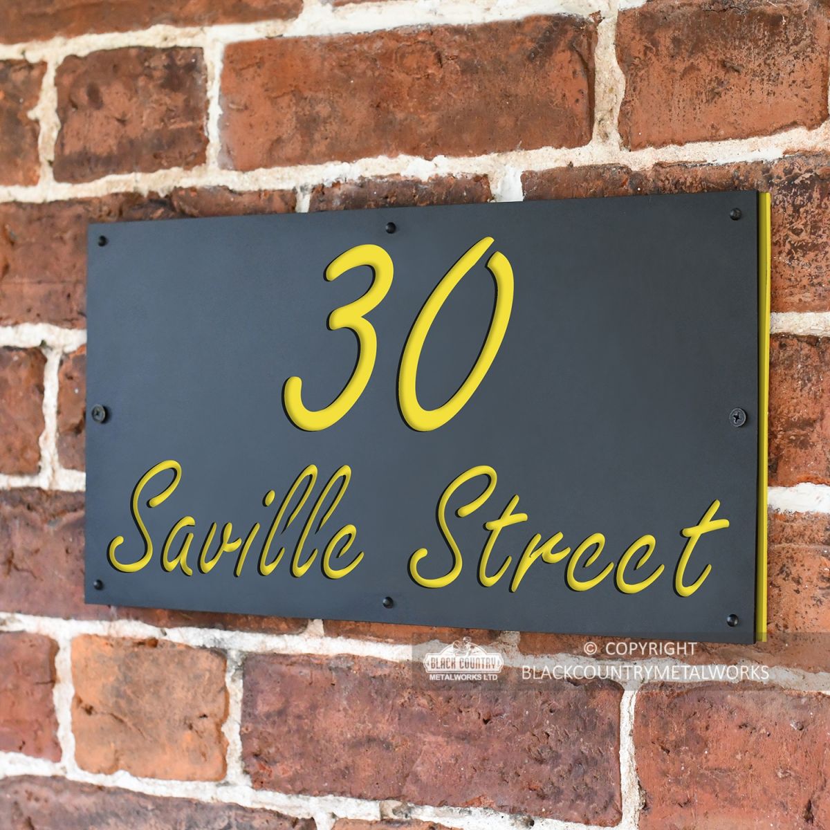 Zinc Yellow "Saville" House Sign in Situ on the Wall