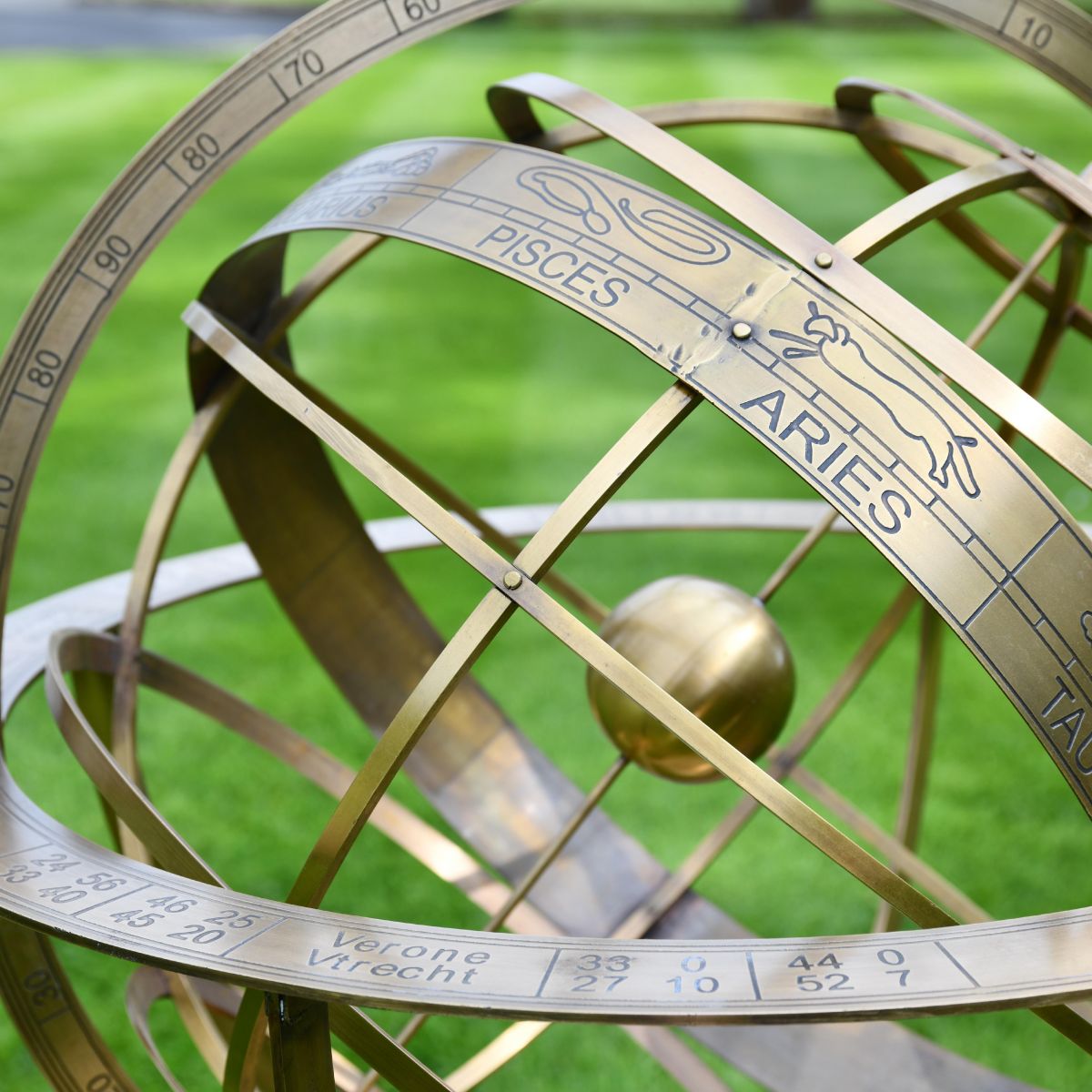 Close up of Armillary Sundial with Zodiac signs 