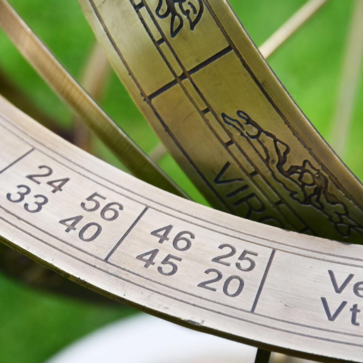 Close up of numerals and Zodiac sign on Armillary Sundial 