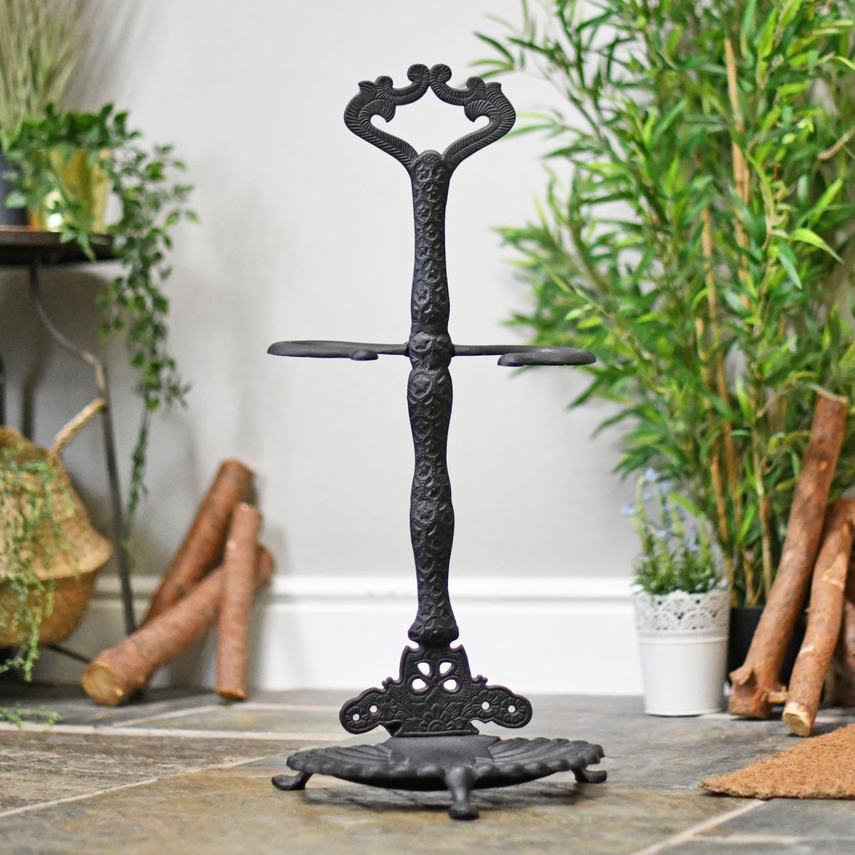 Black cast iron fluted interior umbrella stand