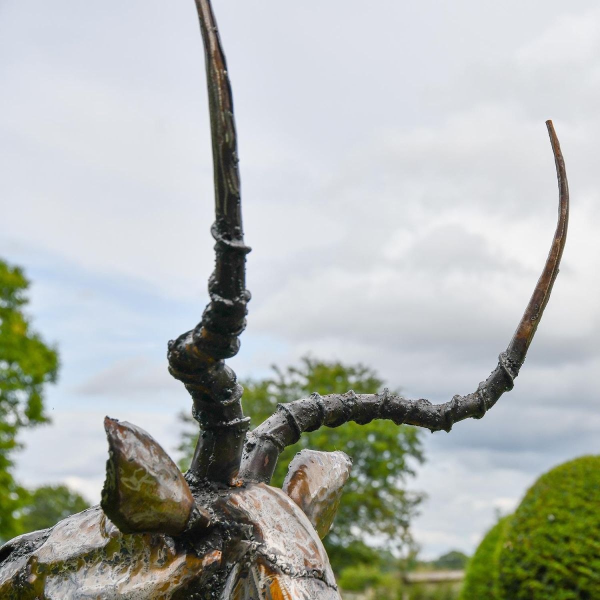 Close-up of the Antlers on the Impala Recycled Metal Sculpture