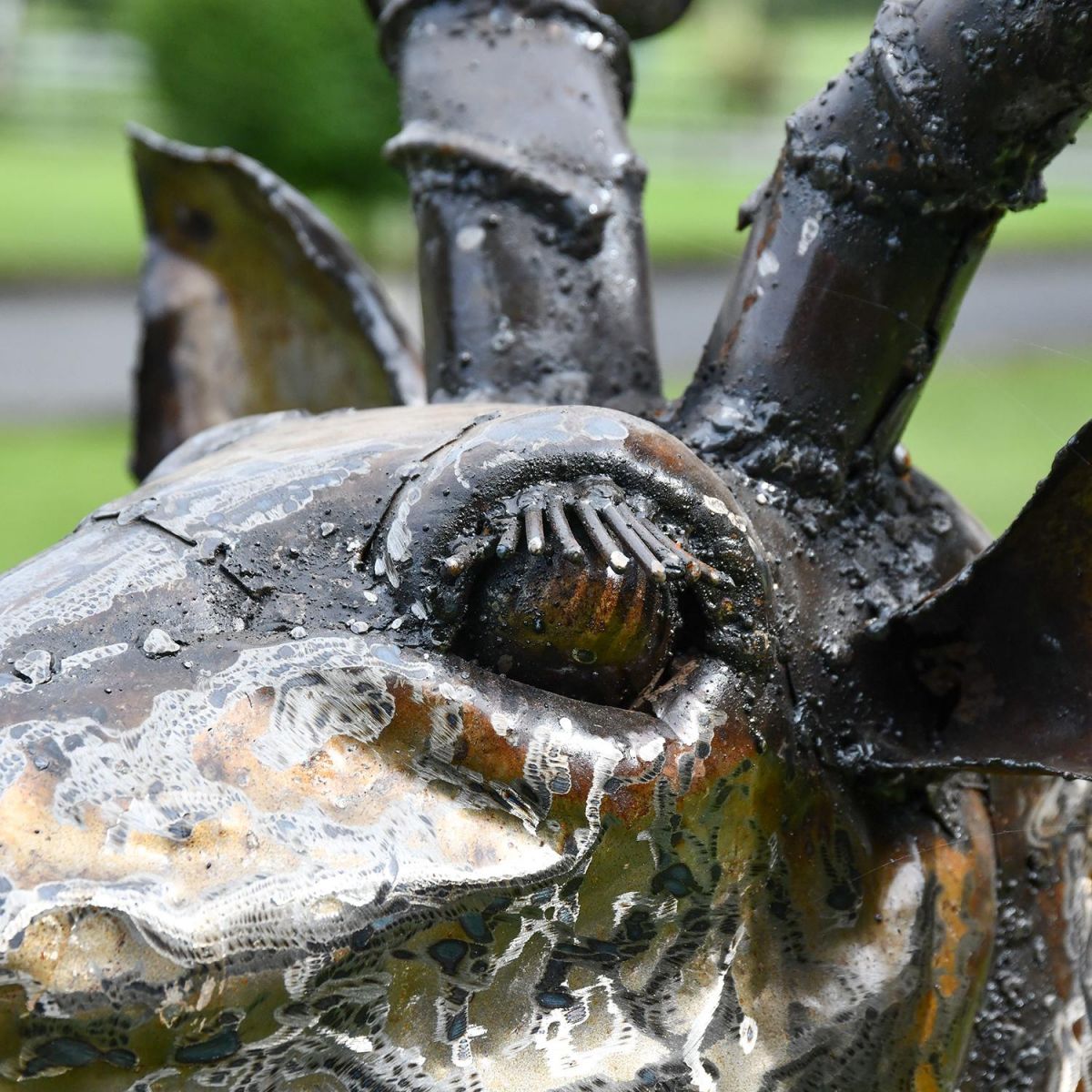 Close-up of the Detail on the Face of the Impala Recycled Metal Sculpture