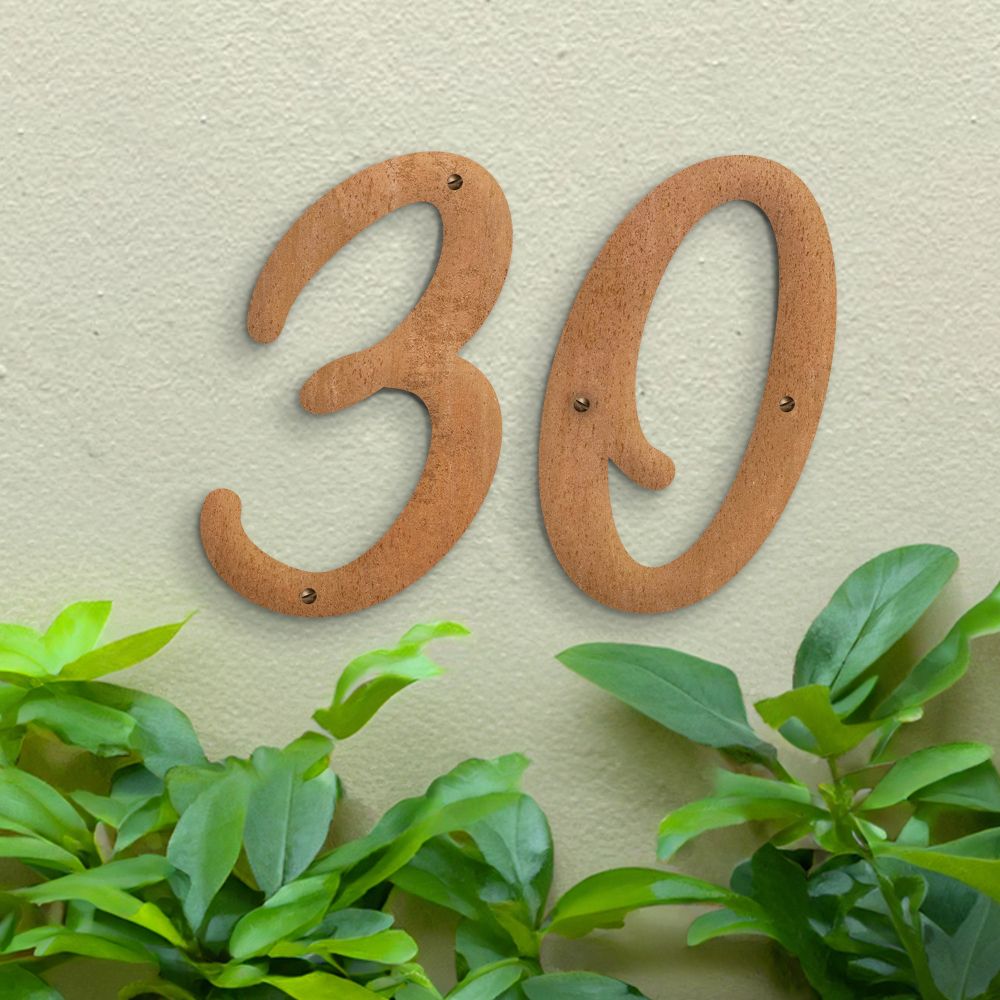 Rustic Individual House Numbers - Hestina Font on green wall