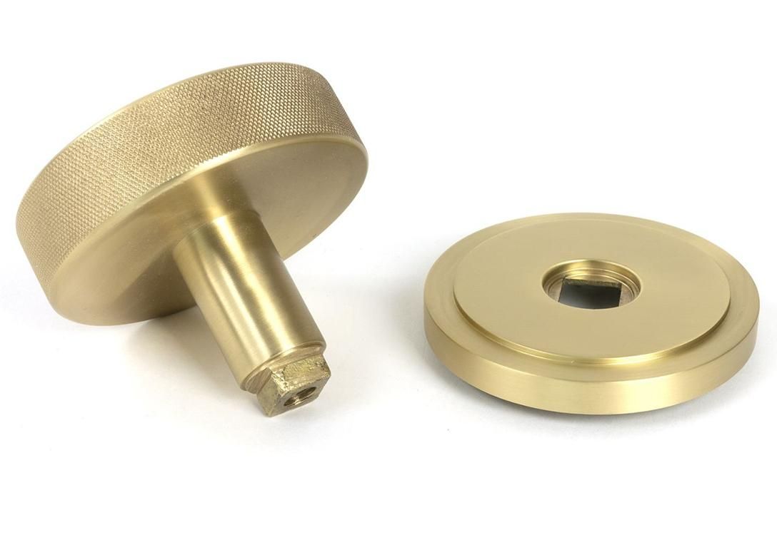 Close-Up of 90mm Individual Satin Brass "Temple" Art Deco Centre Door Knob