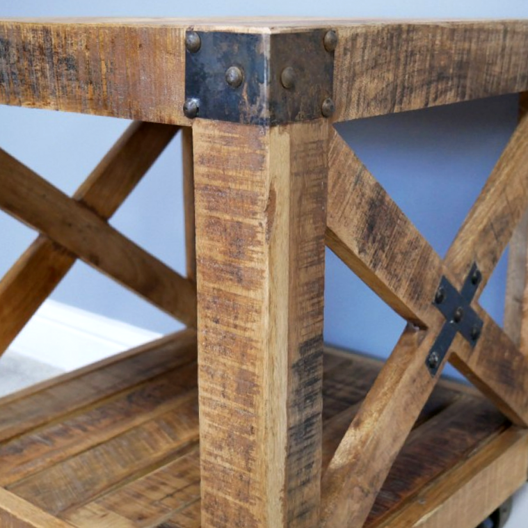 Close-up of the Industrial Cart Bedside Table created Out of Wood