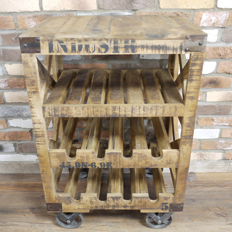 Industrial Crate Wine Trolley Against a Brick Wall
