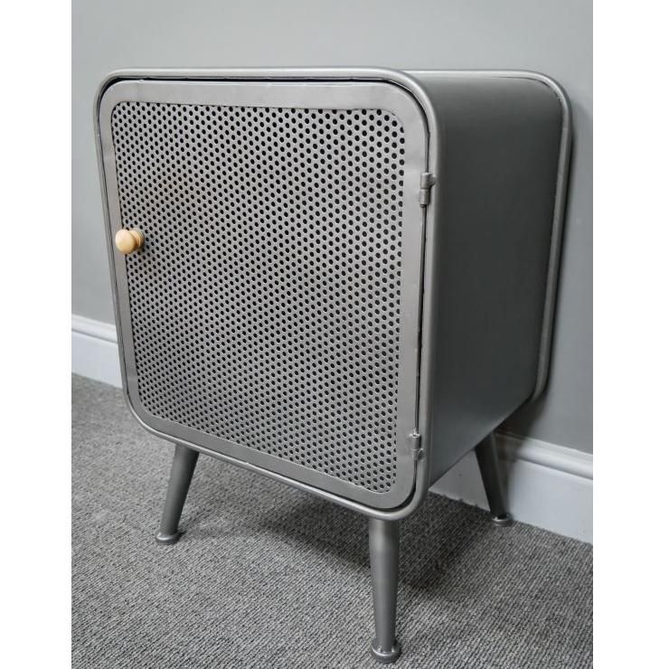 Industrial Mesh Bedside Cabinet with Wooden Handle