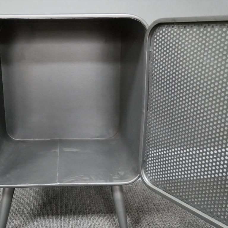 Industrial Mesh Bedside Cabinet with Wooden Handle Interior