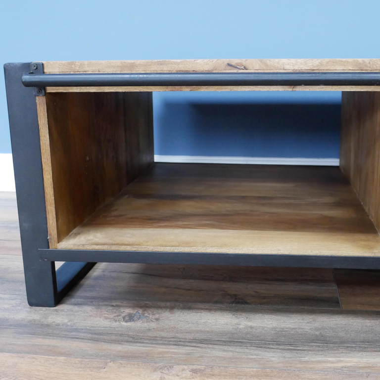 Close-up inside the Cupboard on the Industrial Wood & Iron Sliding Door Coffee Table