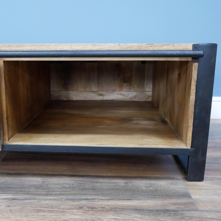 Close-up inside the Cupboard on the Industrial Wood & Iron Sliding Door Coffee Table