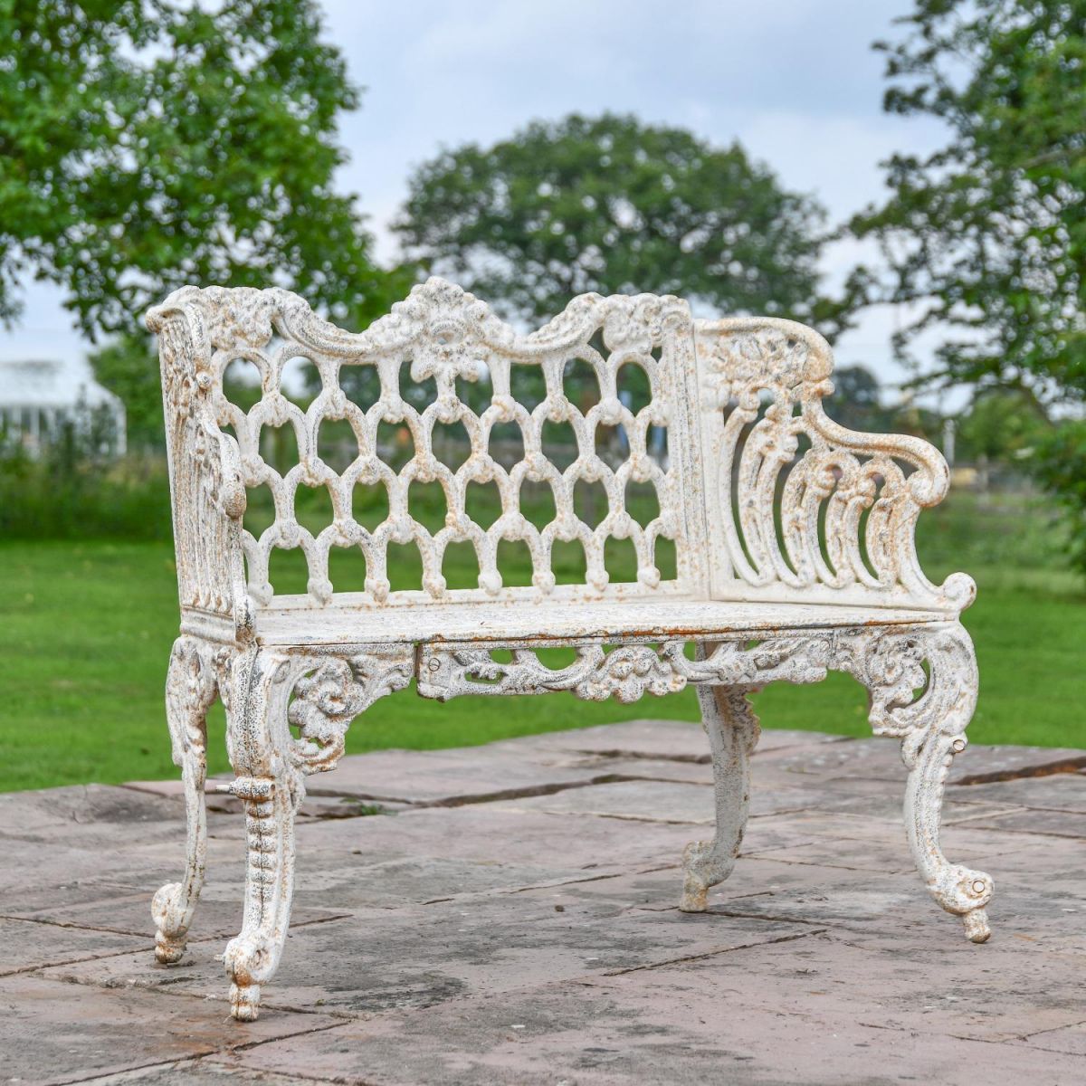 Antique Cream Ornate Cast Iron Garden Bench