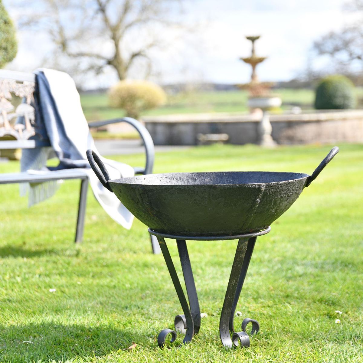 50cm Iron Kadai Fire Bowl in situ in the Garden