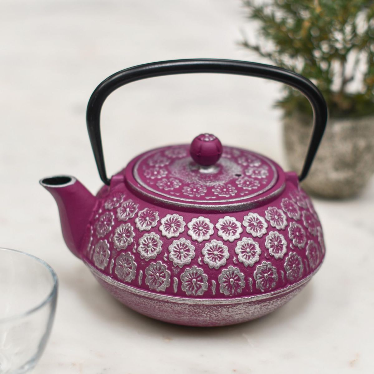 Japanese Inspired "Boysenberry" Purple & Silver Cast Iron Teapot