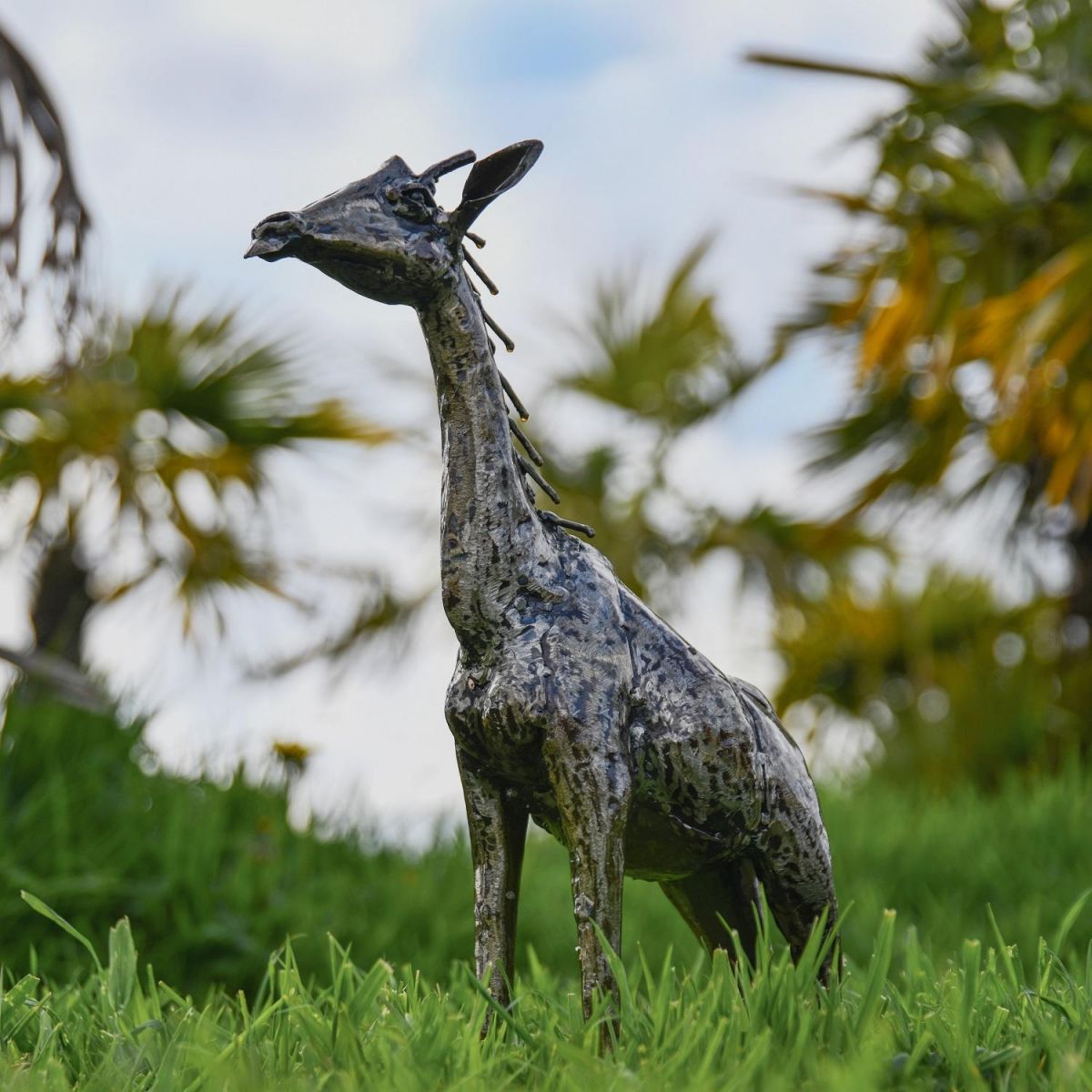 1ft Recycled Metal Standing Giraffe Sculpture in Garden 