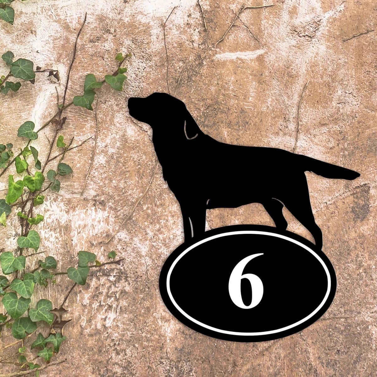 Labrador Iron House Number Sign in Situ on a Rustic Wall 
