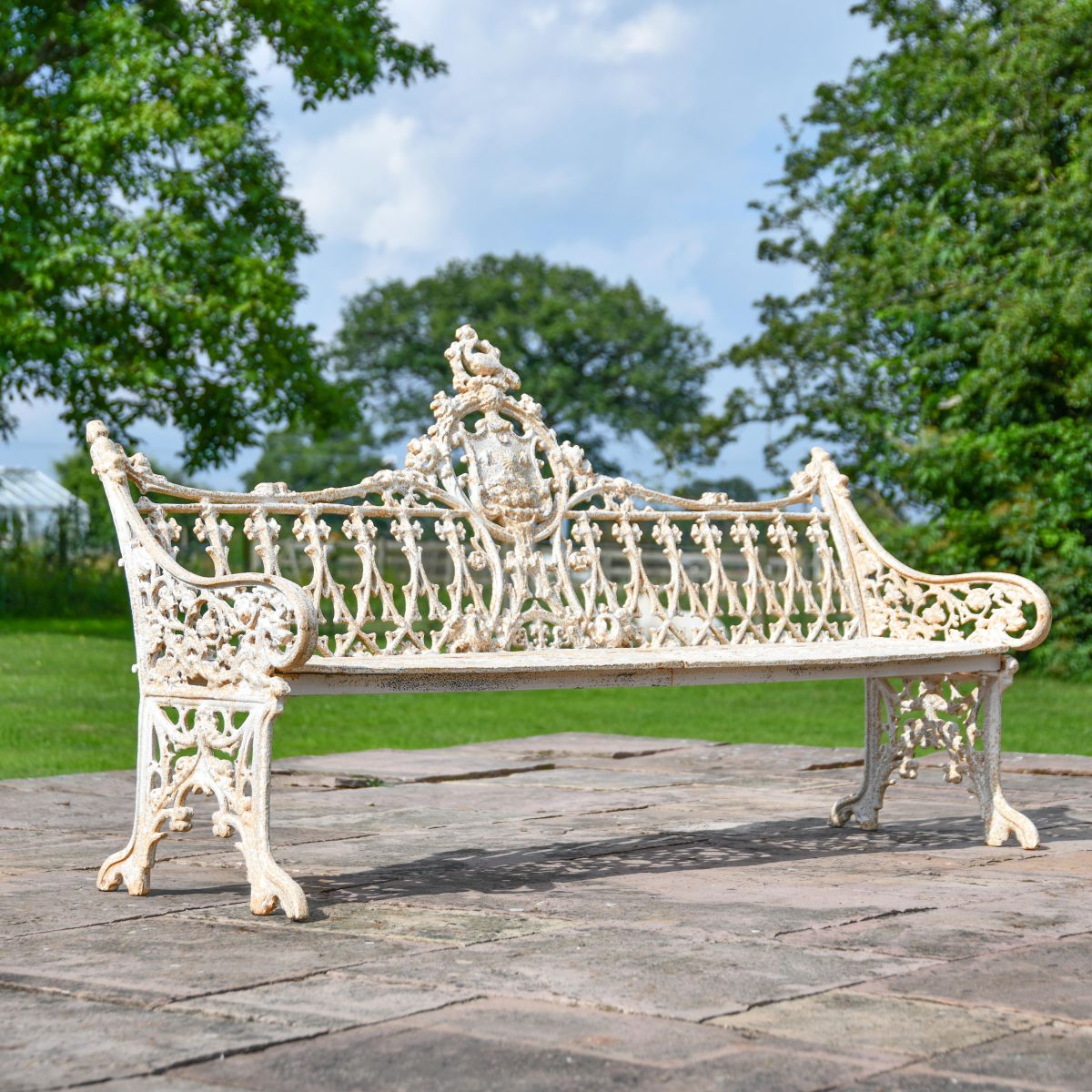Antique Cream Cast Iron Gothic Three Seat Bench