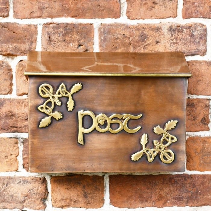 Front of the "Drustan" Copper and Brass Celtic Design Post Box