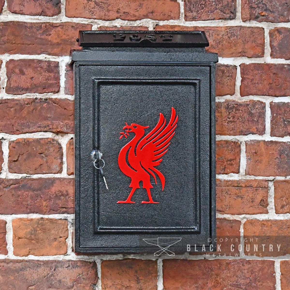 Front View of the Red "Liver Bird" Wall Mounted Post Box Finished in Black