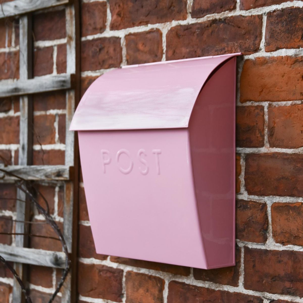 “Rose Mist” Light Pink Contemporary Post Box with Lock on Brick Wall 
