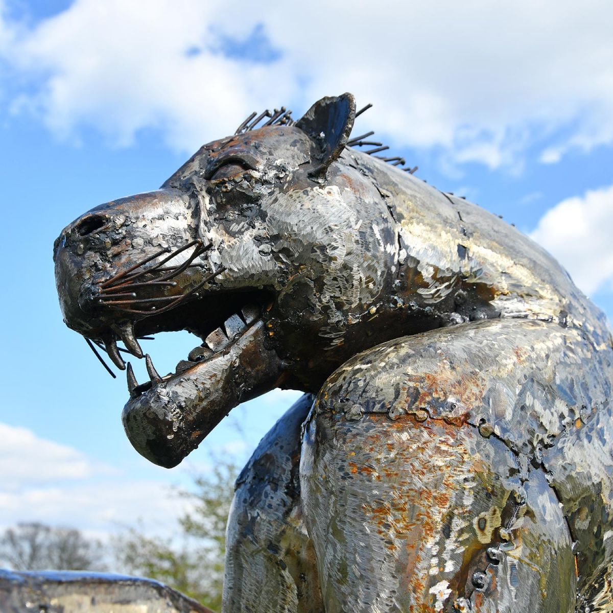 Close-up of the Head of the Leaping Leopard Recycled Metal Sculpture