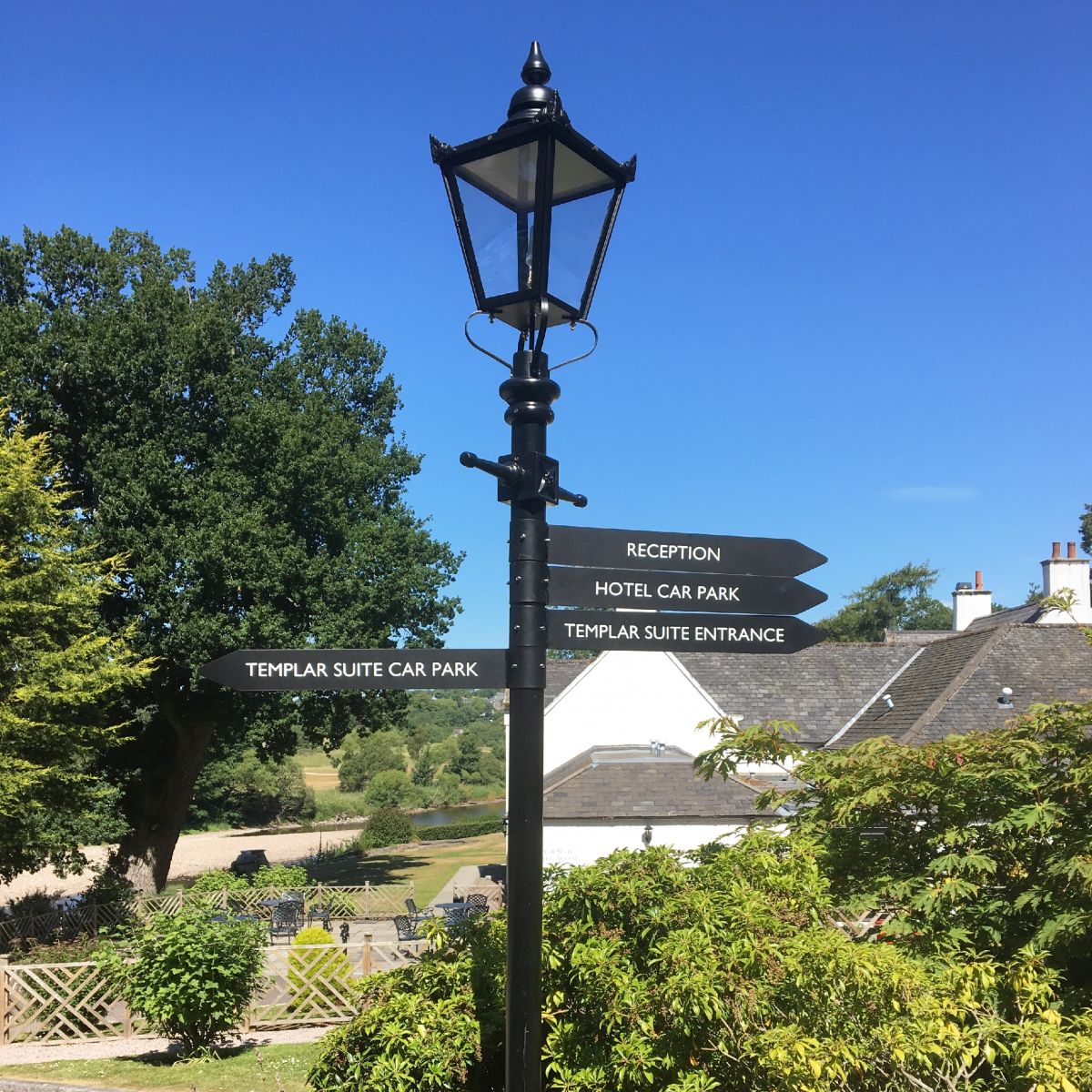 Directional signs outside hotel
