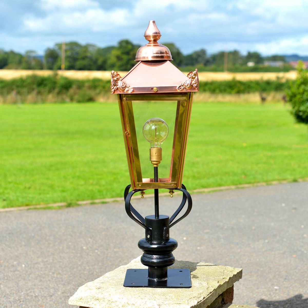 Copper Victorian Pillar Light and Lantern Set in Situ on the Driveway