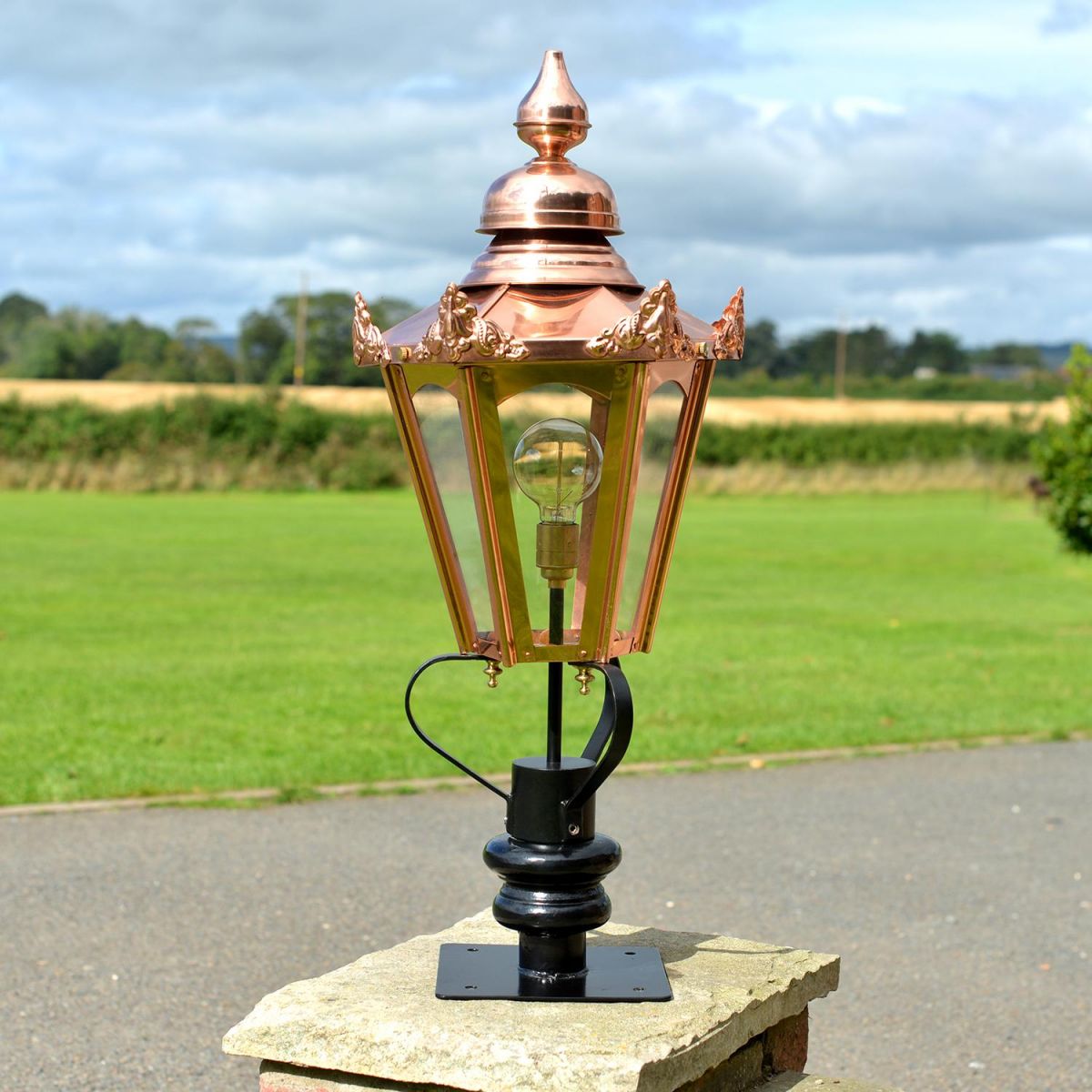 Copper Hexagonal Pillar Light and Lantern Set in Situ on a Brick Pillar