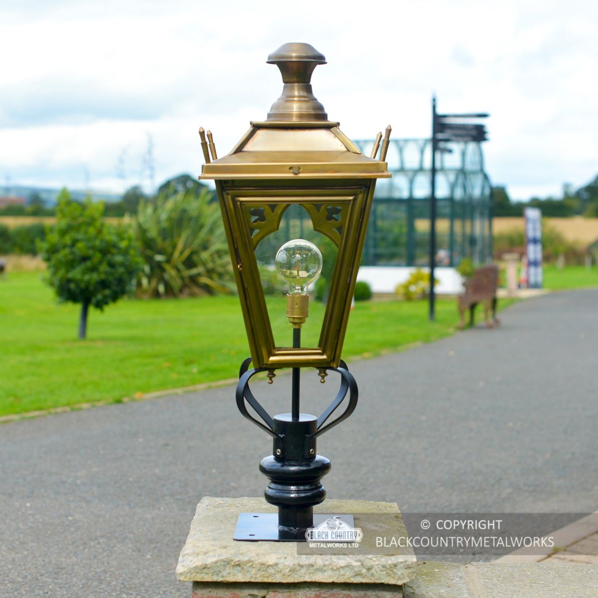 Brass Gothic Pillar Light and Lantern Set in Situ on a Drive Way