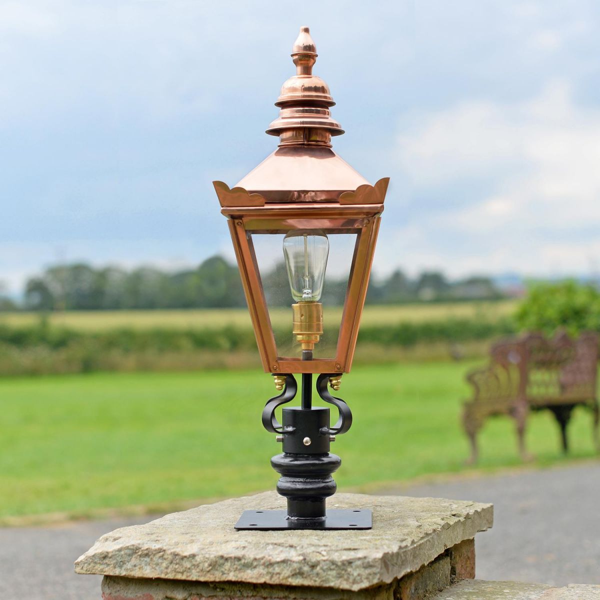 Copper Harrogate Pillar Light and Lantern Set in Situ on a Brick Pillar