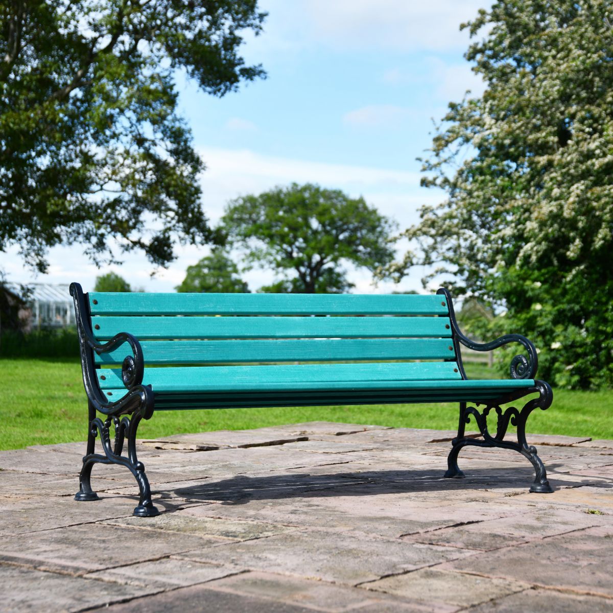 Cast Iron Green Victorian Park Bench on Patio Area