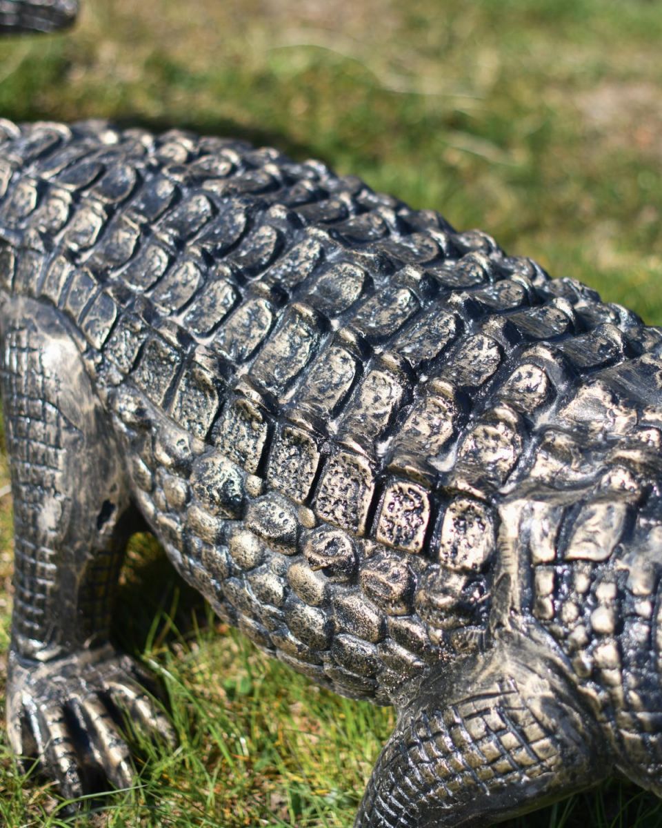 Close-Up of Life-Size Cast Aluminium Crocodile Garden Sculpture in Situ