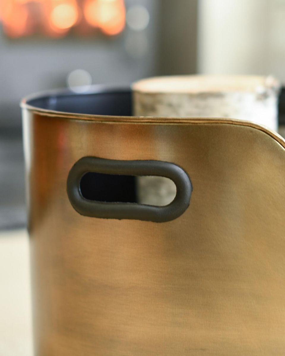 "LOGS" Log & Kindling Holder In Antique Brushed Gold Handles