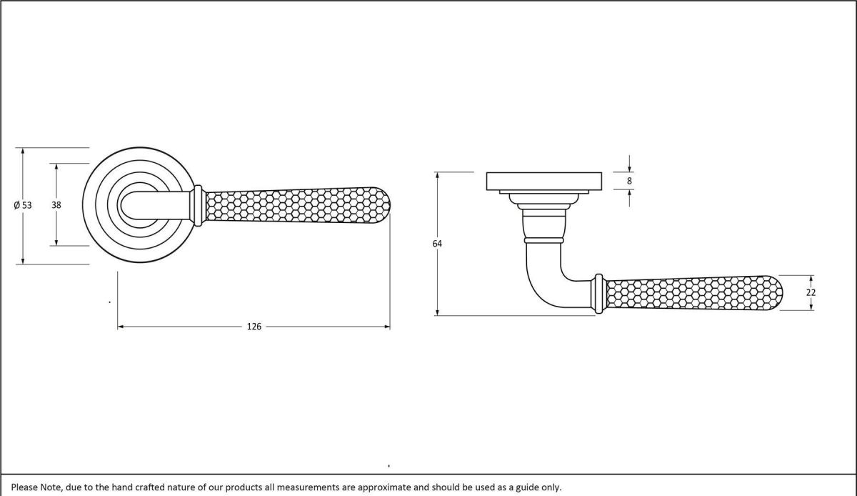 Matte Black Hammered Lever Door Handle on Art Deco Rose Dimensions