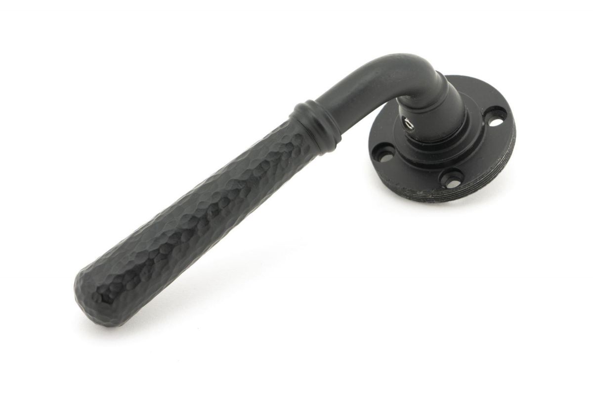 Matte Black Hammered Unsprung Lever Door Handle on Art Deco Rose Back